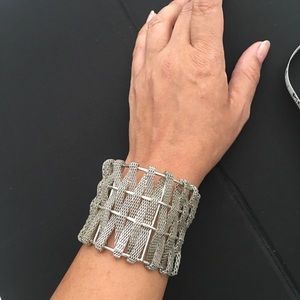Wide metal mesh bracelet adjustable cross-cross
